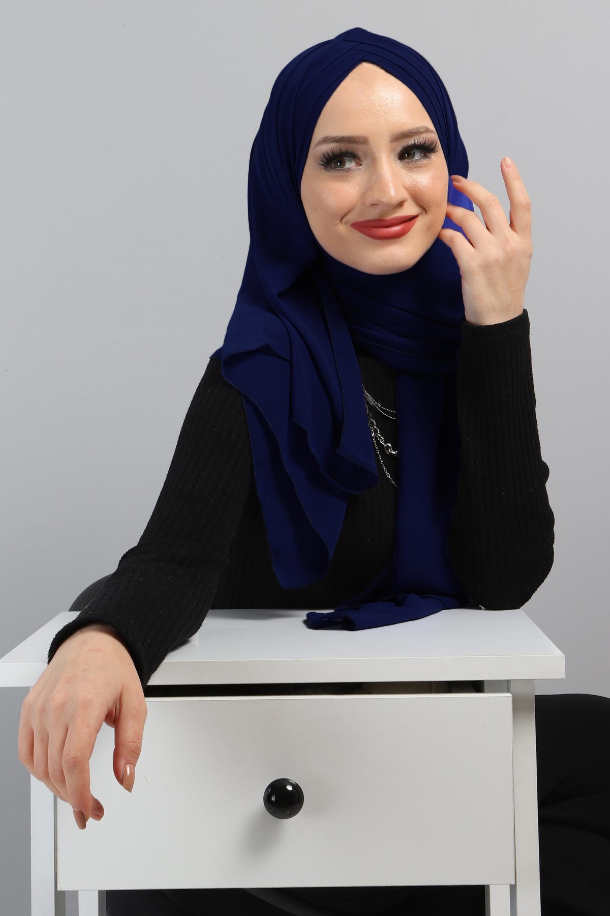Drapeli Şifon Şal Saks 3013