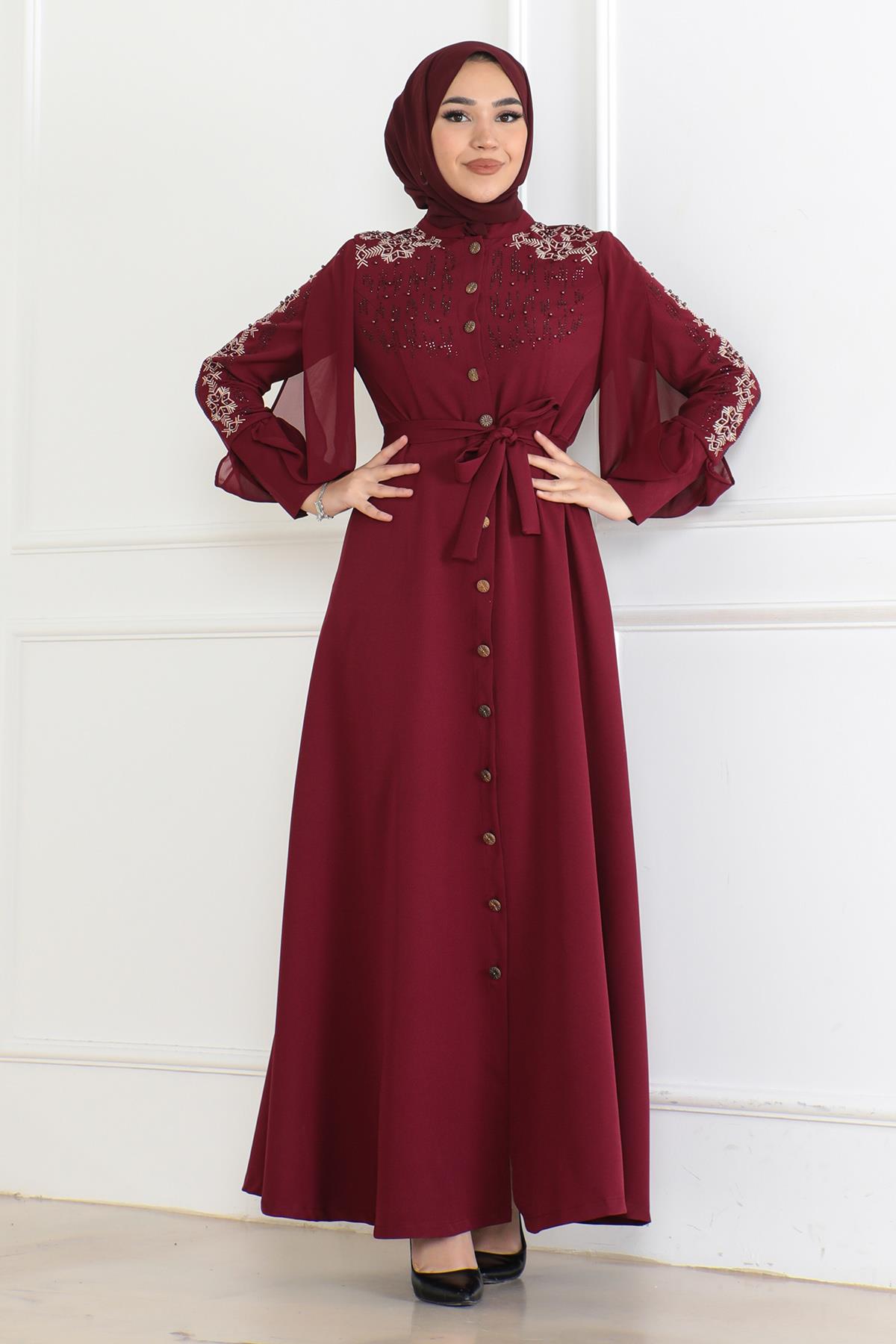 Düğme Detaylı Elbise Bordo 6118