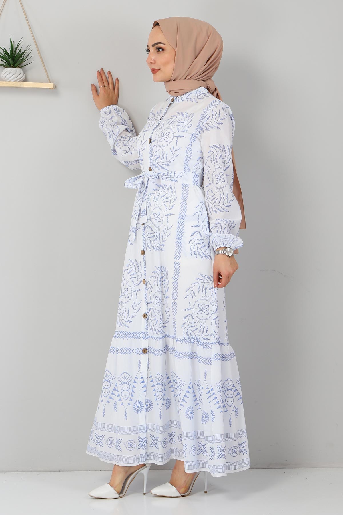 Düğme Detaylı Elbise Mavi 10644