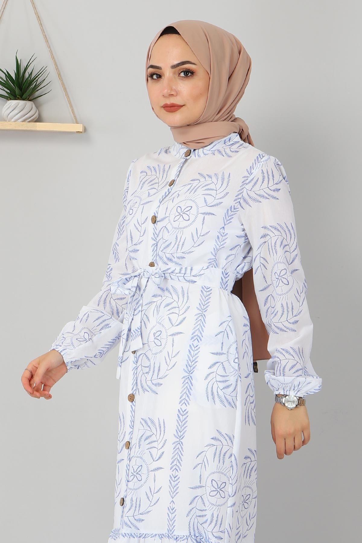 Düğme Detaylı Elbise Mavi 10644