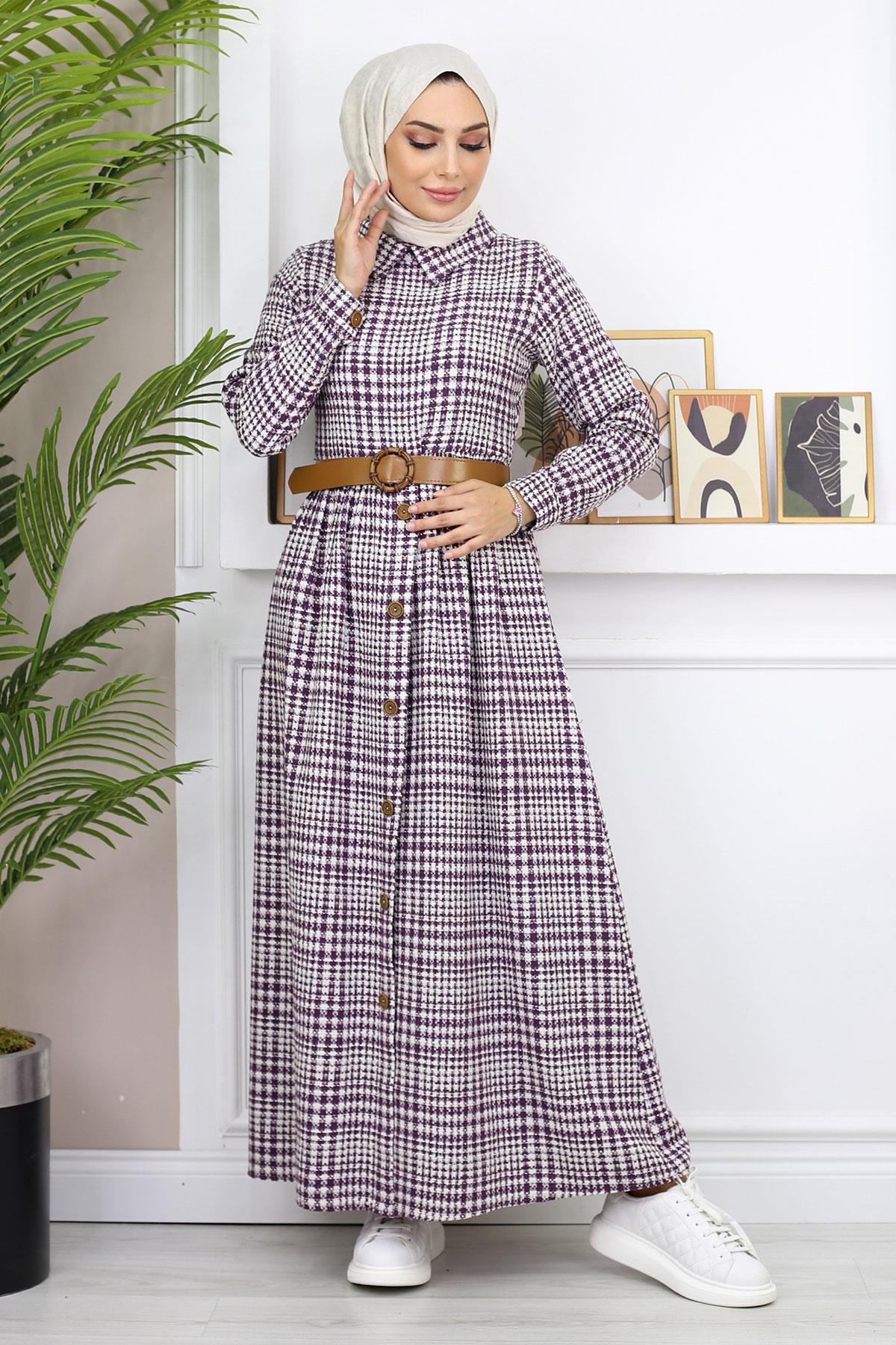 Düğme Detaylı Elbise Mürdüm 19166