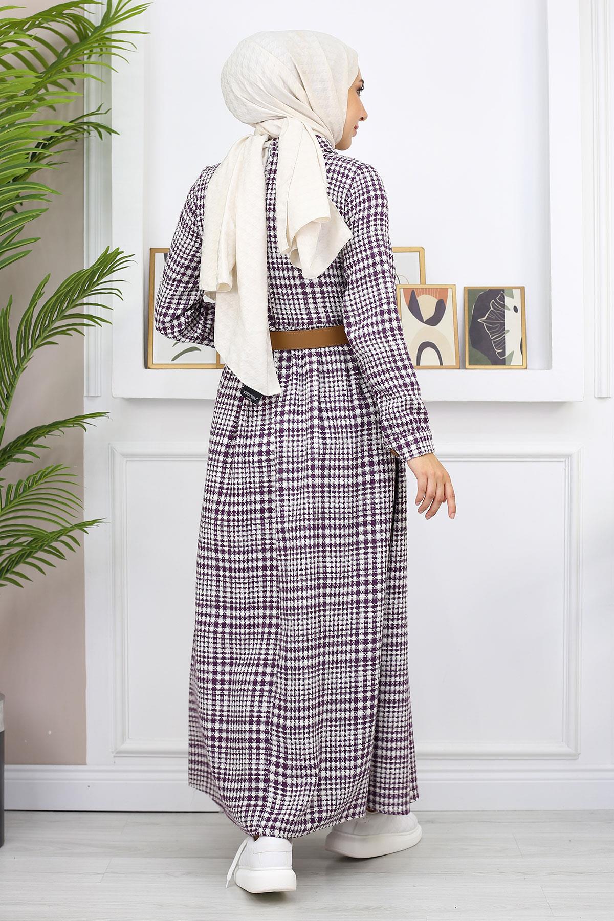 Düğme Detaylı Elbise Mürdüm 19166