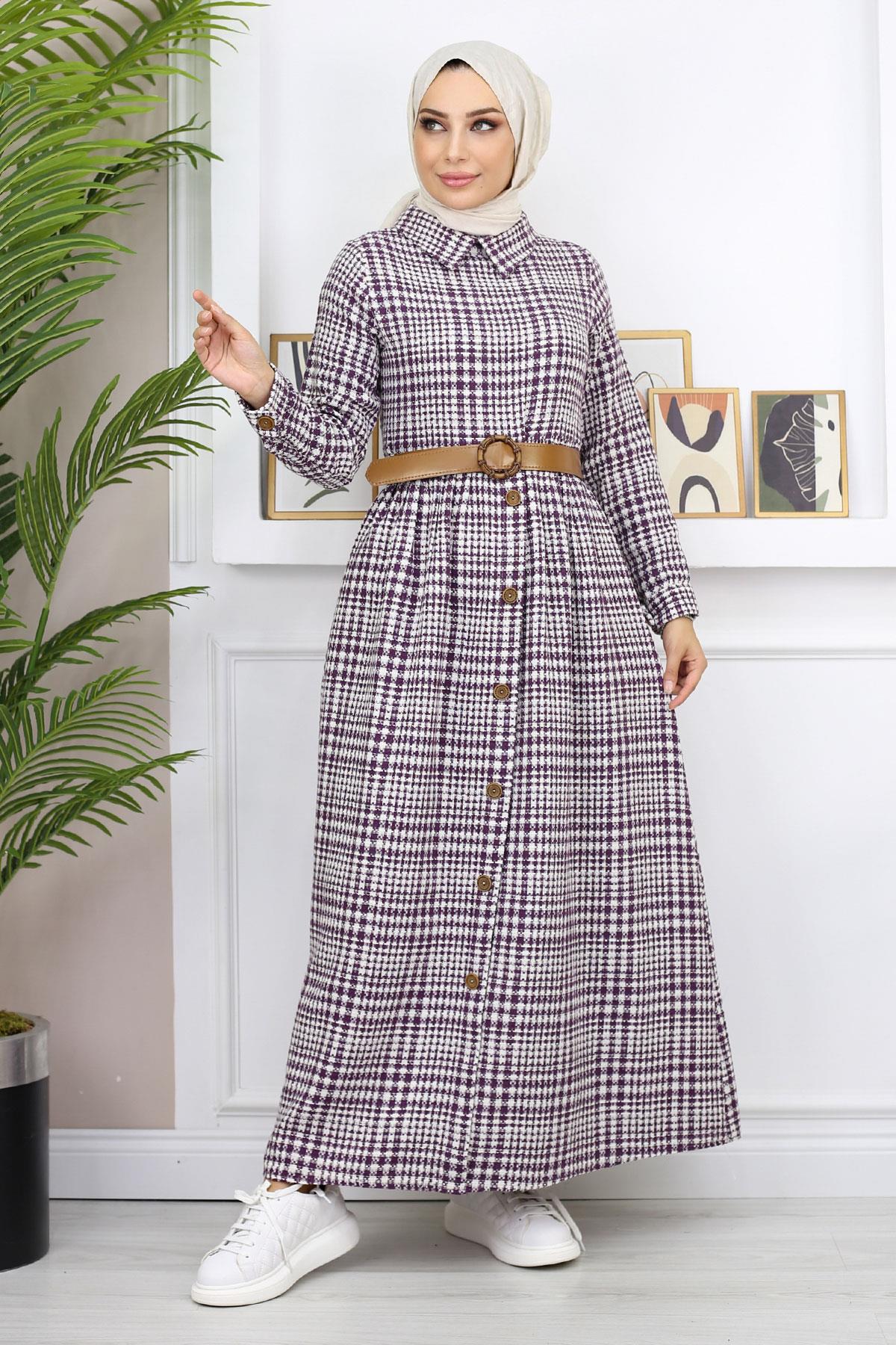 Düğme Detaylı Elbise Mürdüm 19166