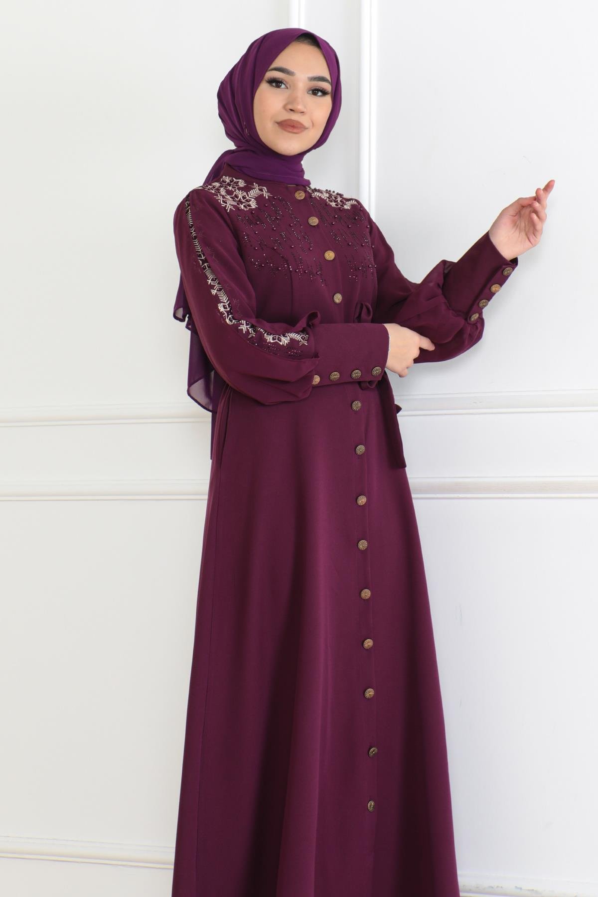 Düğme Detaylı Elbise Mürdüm 6118