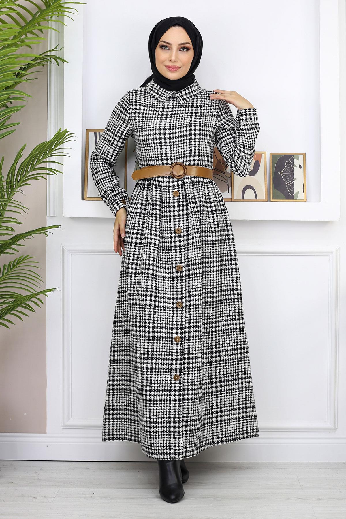 Düğme Detaylı Elbise Siyah 19166