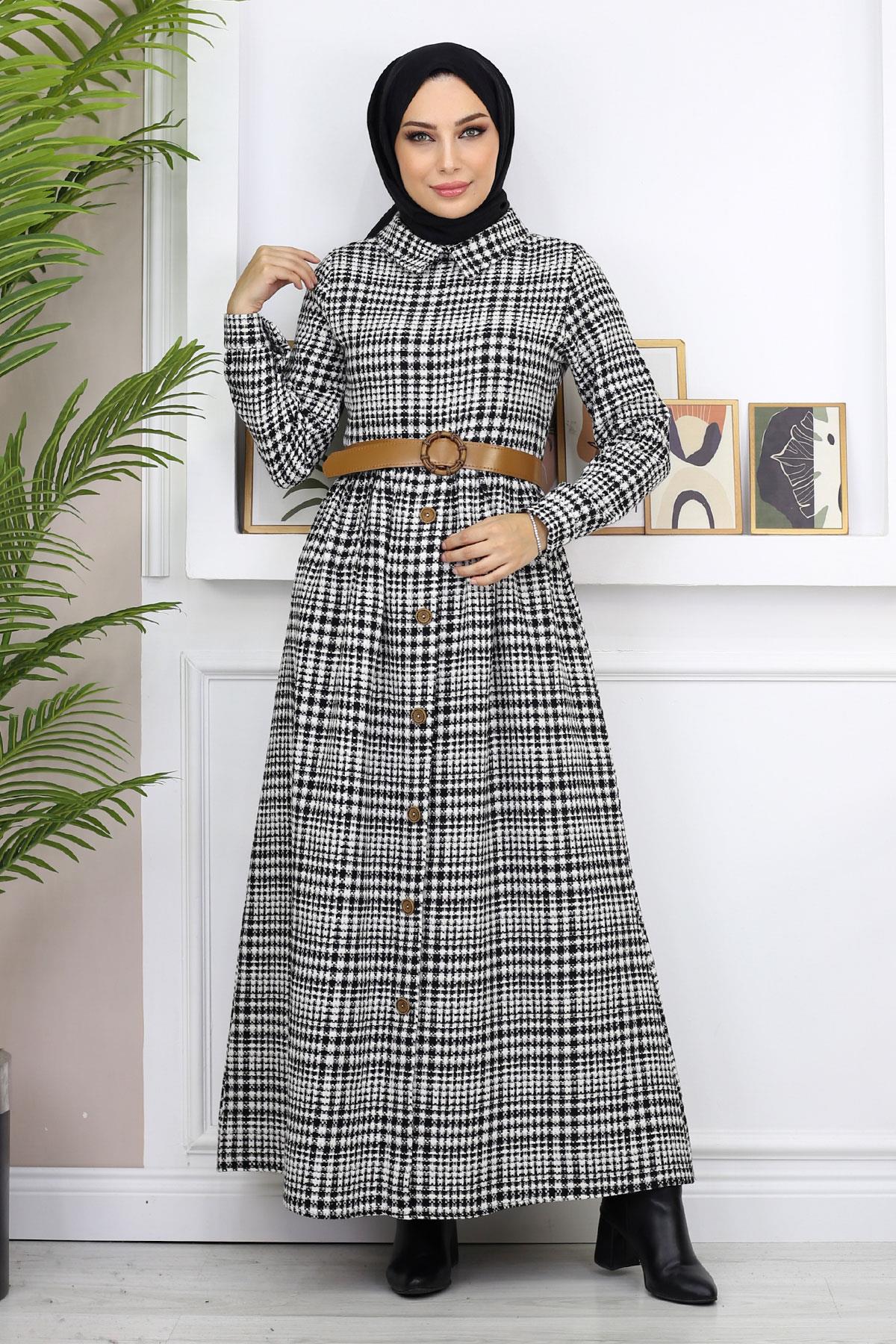 Düğme Detaylı Elbise Siyah 19166