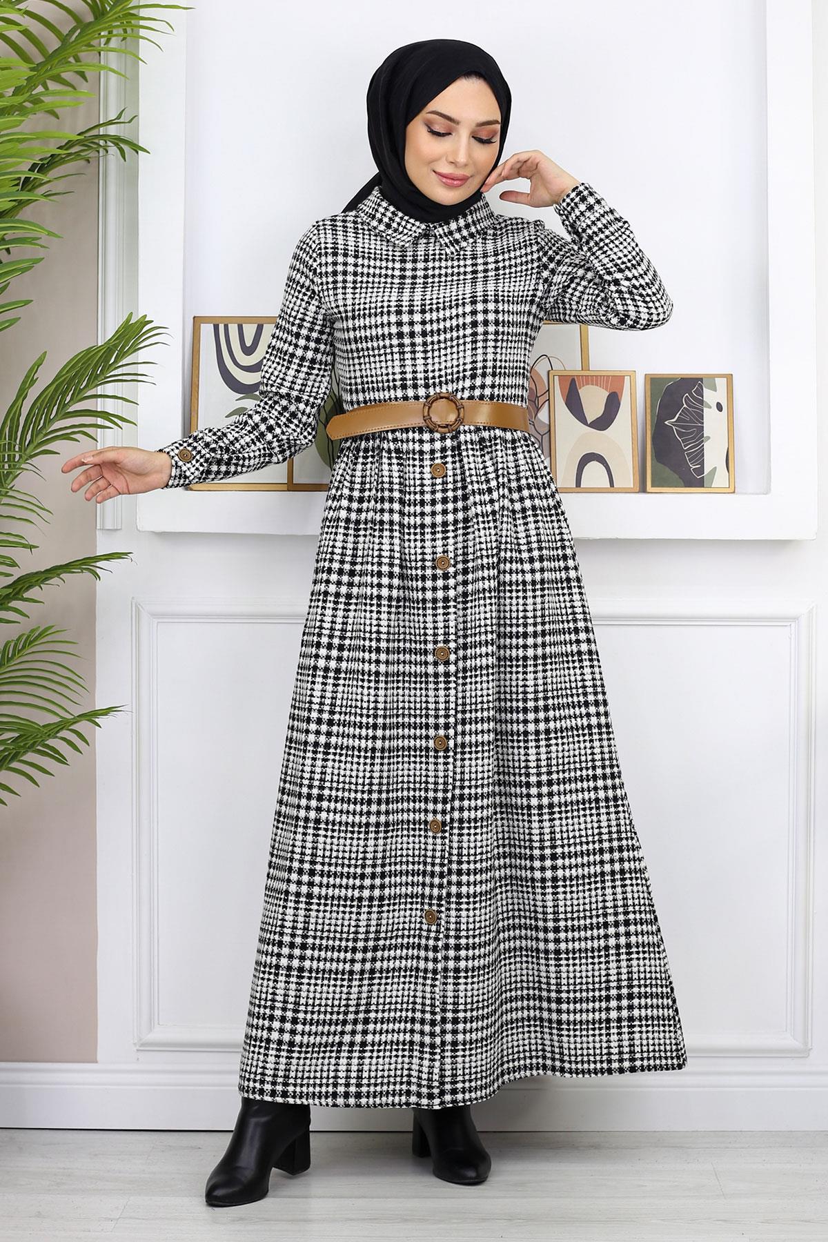 Düğme Detaylı Elbise Siyah 19166