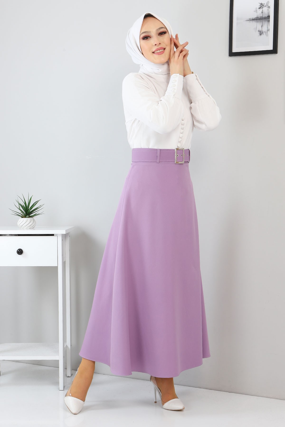 Düğme Detaylı Etekli Takım Ekru 10626