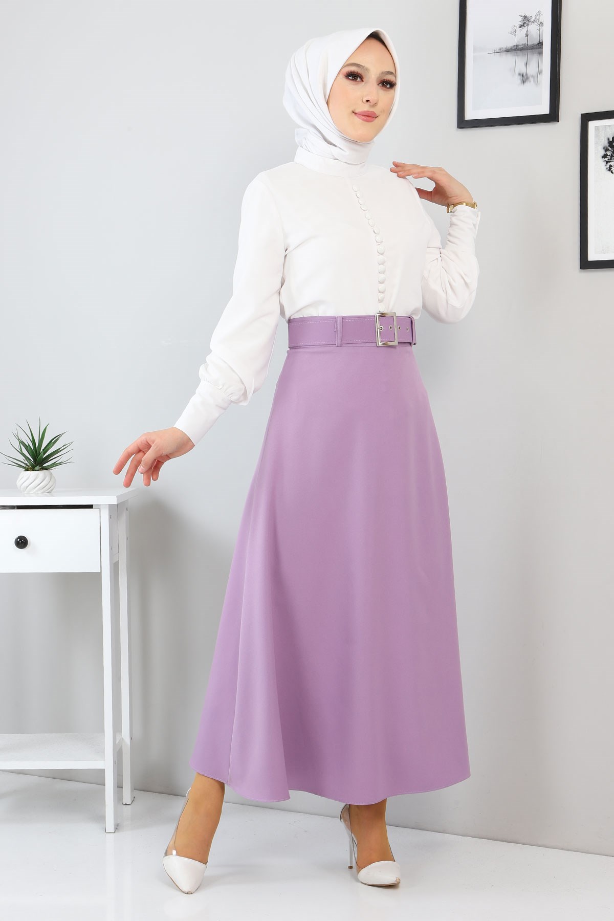 Düğme Detaylı Etekli Takım Ekru 10626