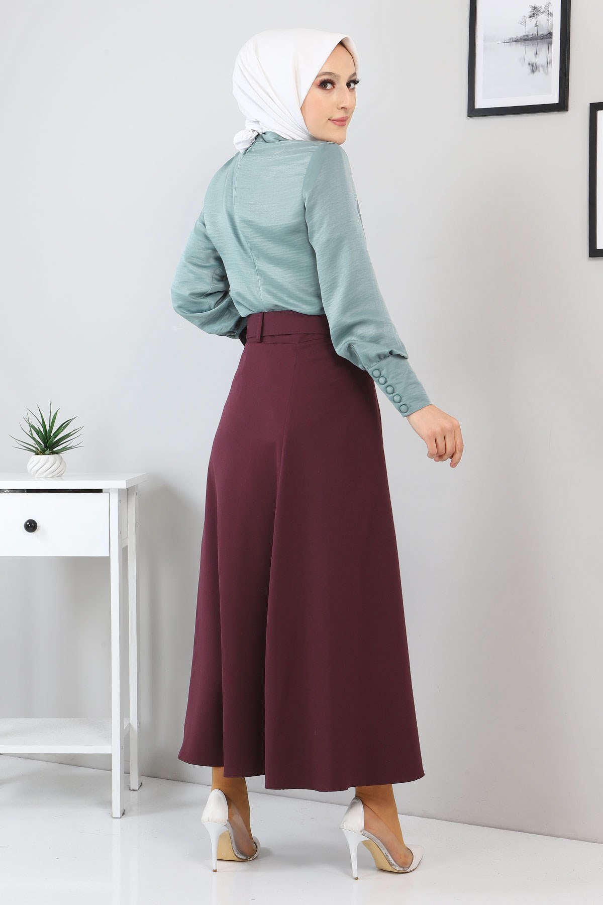 Düğme Detaylı Etekli Takım Mint 10626