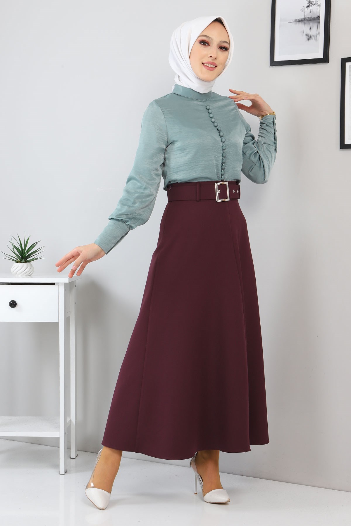 Düğme Detaylı Etekli Takım Mint 10626