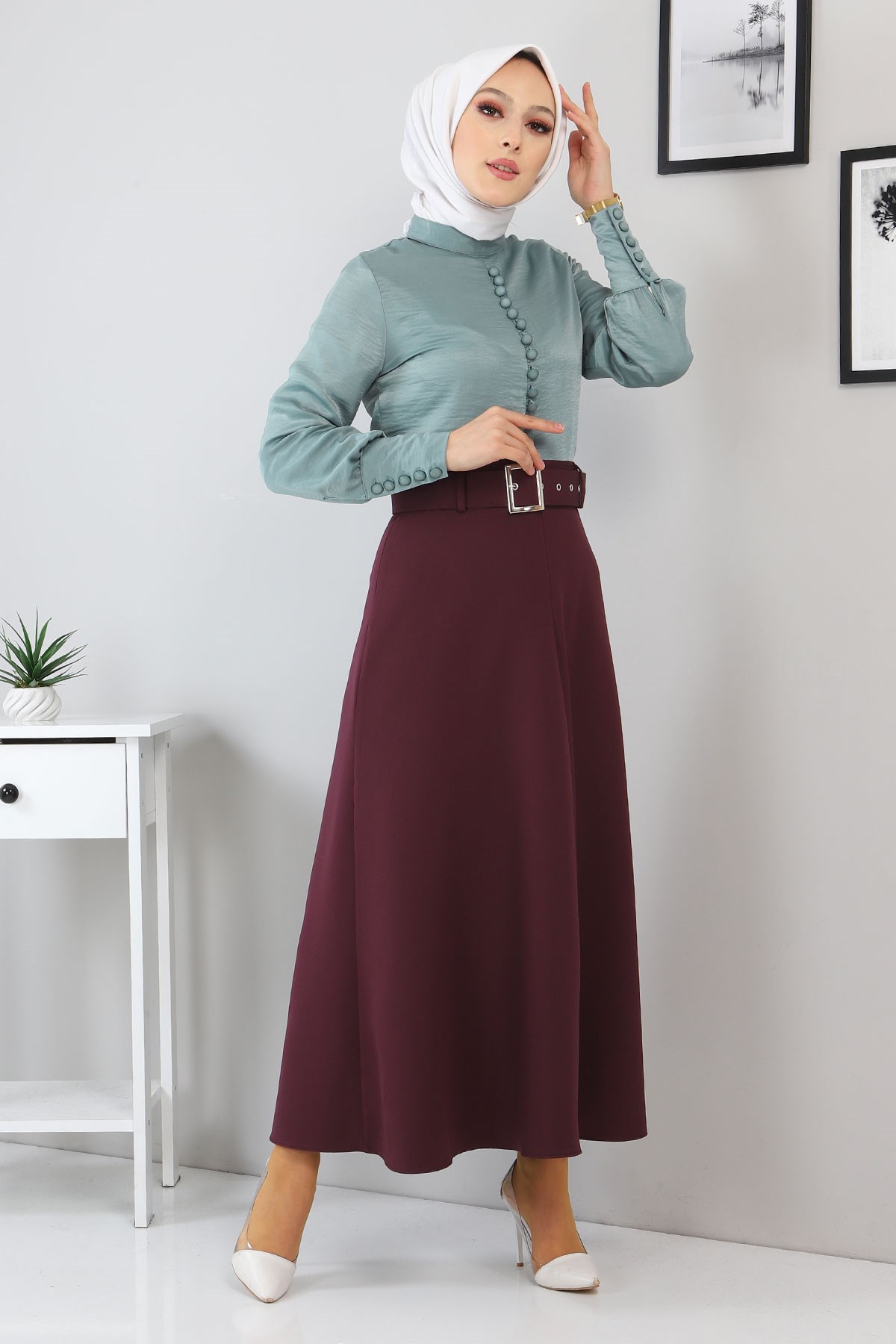 Düğme Detaylı Etekli Takım Mint 10626