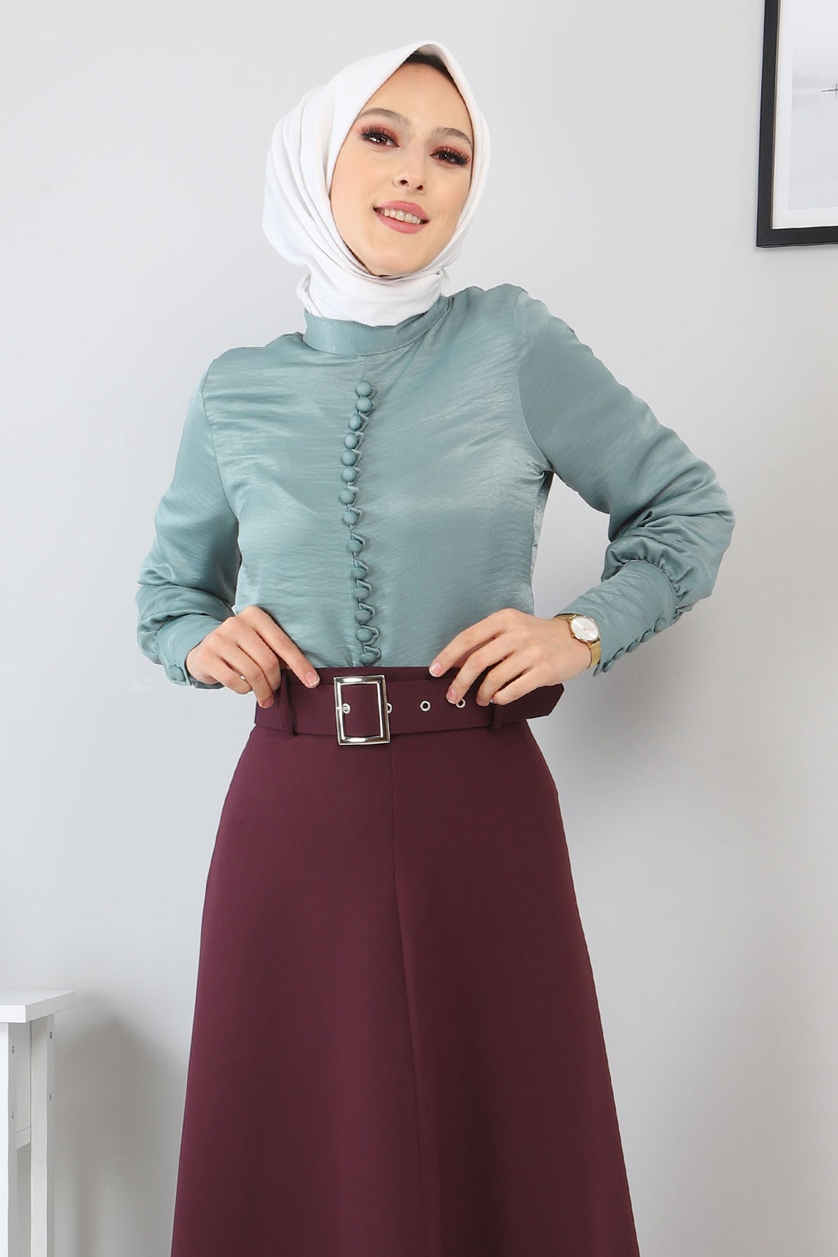 Düğme Detaylı Etekli Takım Mint 10626