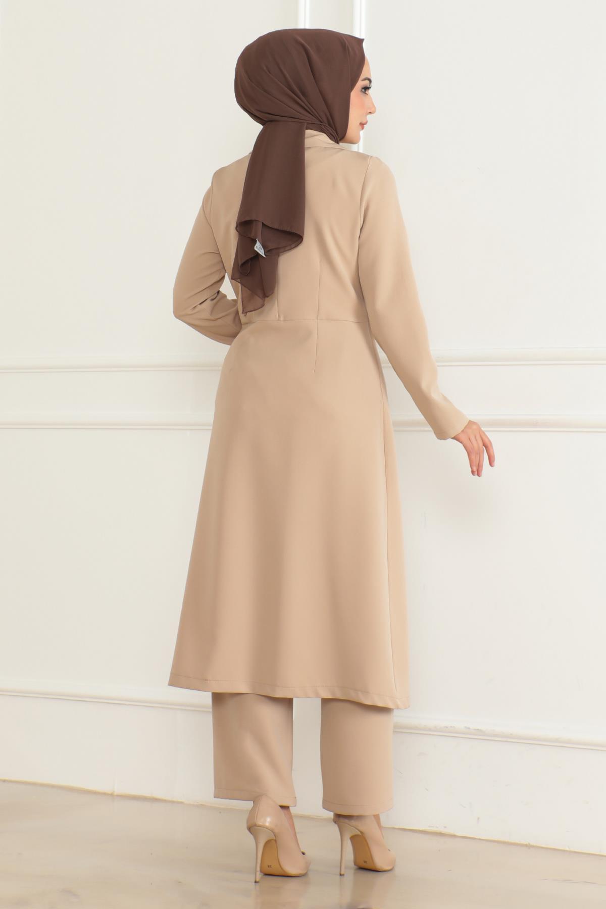 Düğme Detaylı Fermuarlı Takım Bej Bej MSW19219-5