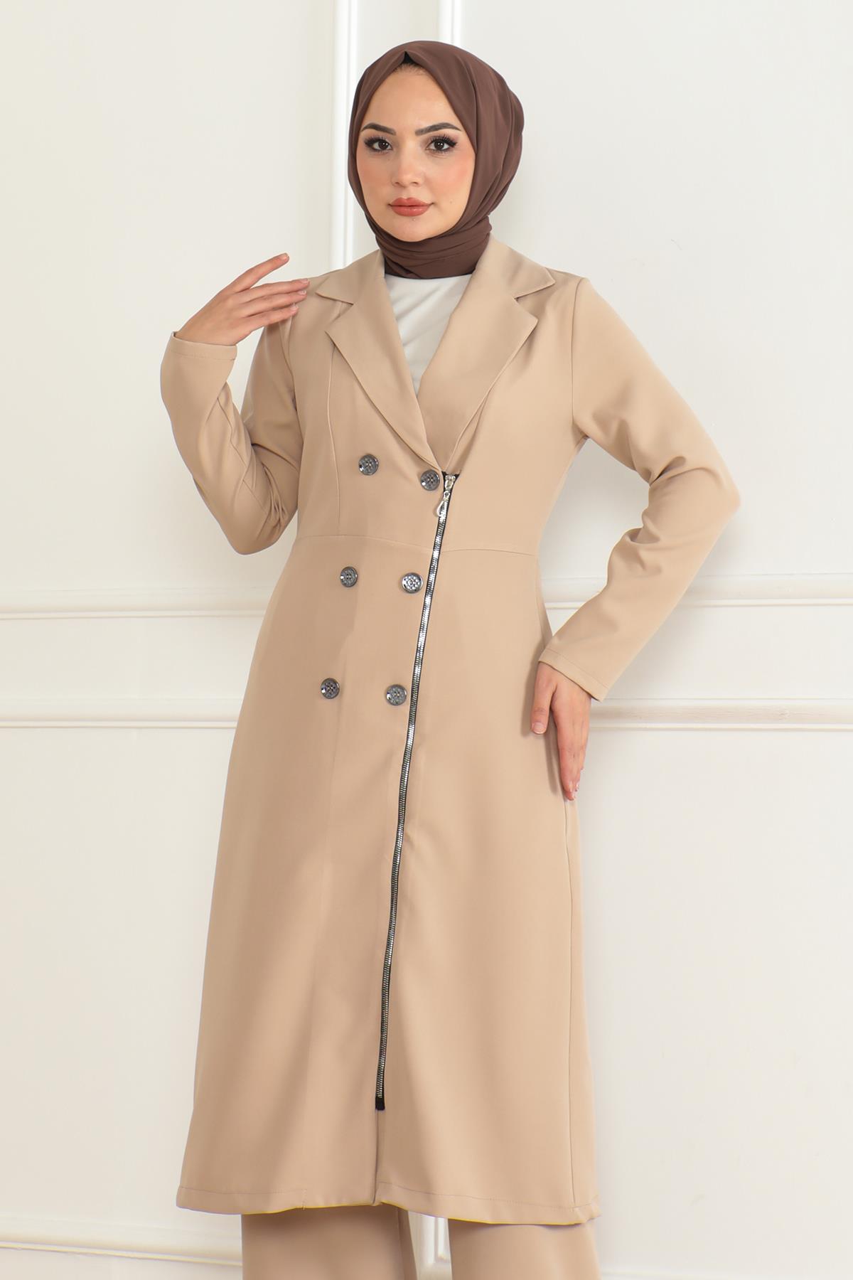 Düğme Detaylı Fermuarlı Takım Bej Bej MSW19219-5