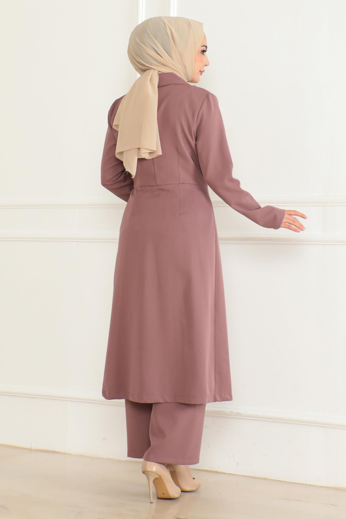 Düğme Detaylı Fermuarlı Takım Gül Kurusu Gül Kurusu MSW19219-3