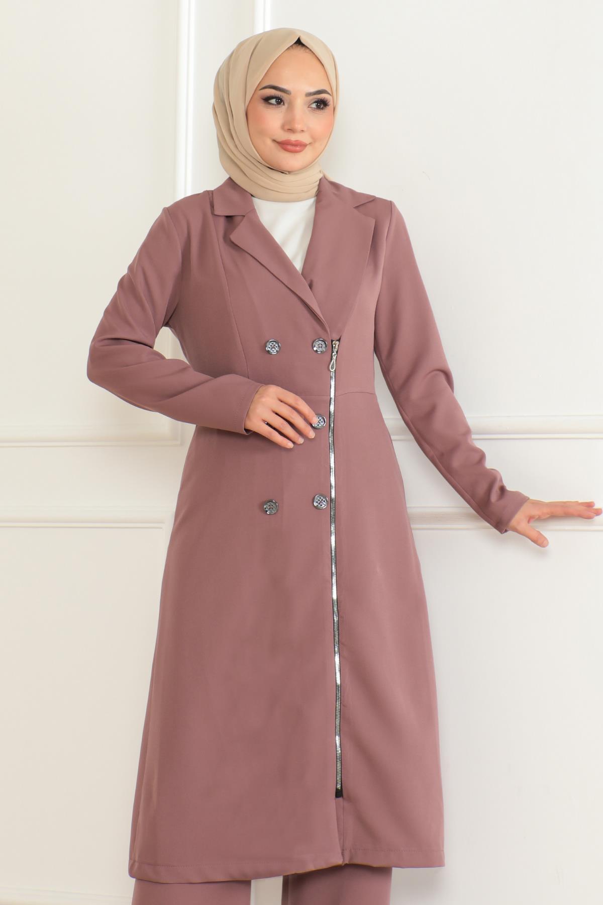 Düğme Detaylı Fermuarlı Takım Gül Kurusu Gül Kurusu MSW19219-3