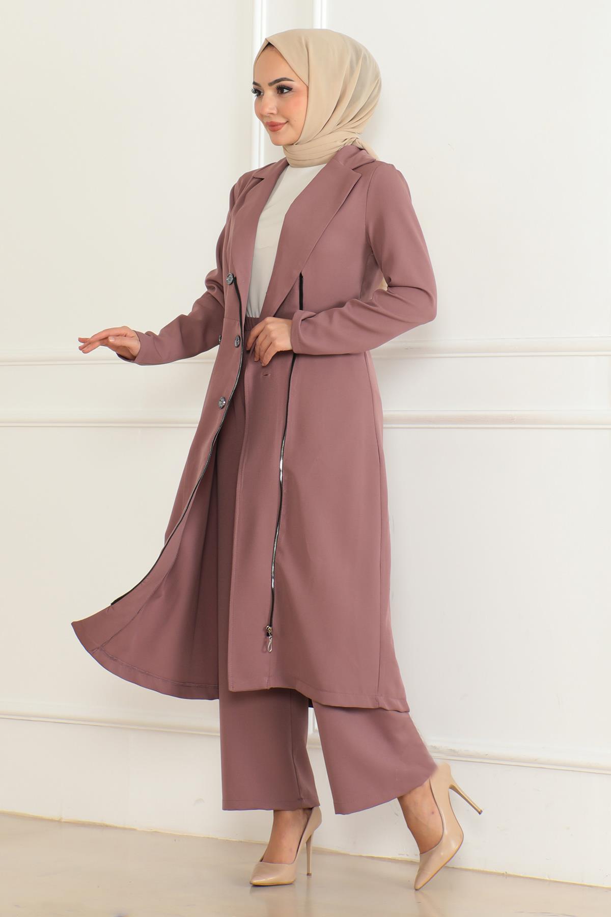 Düğme Detaylı Fermuarlı Takım Gül Kurusu Gül Kurusu MSW19219-3