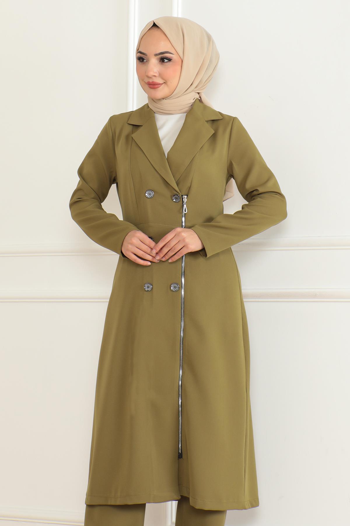 Düğme Detaylı Fermuarlı Takım Haki Haki MSW19219-4