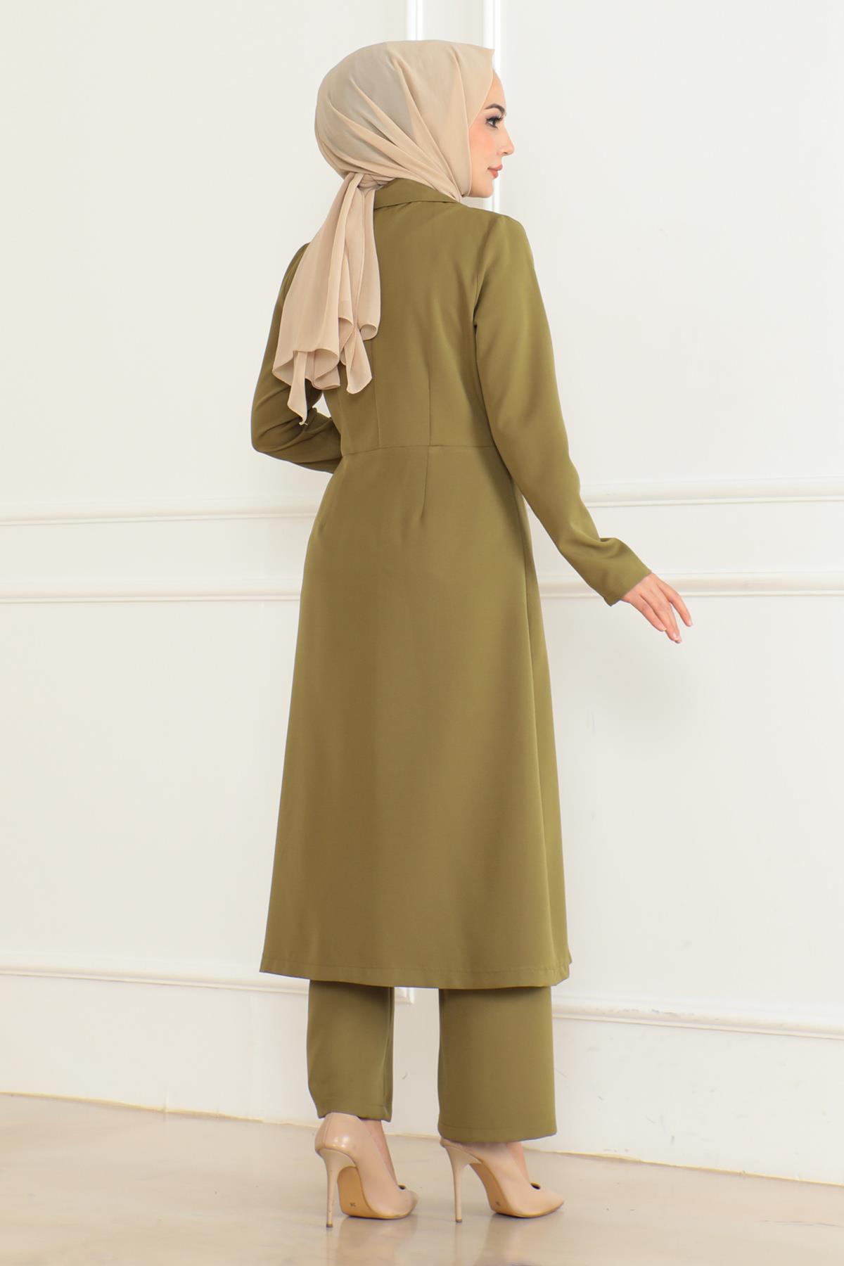 Düğme Detaylı Fermuarlı Takım Haki Haki MSW19219-4