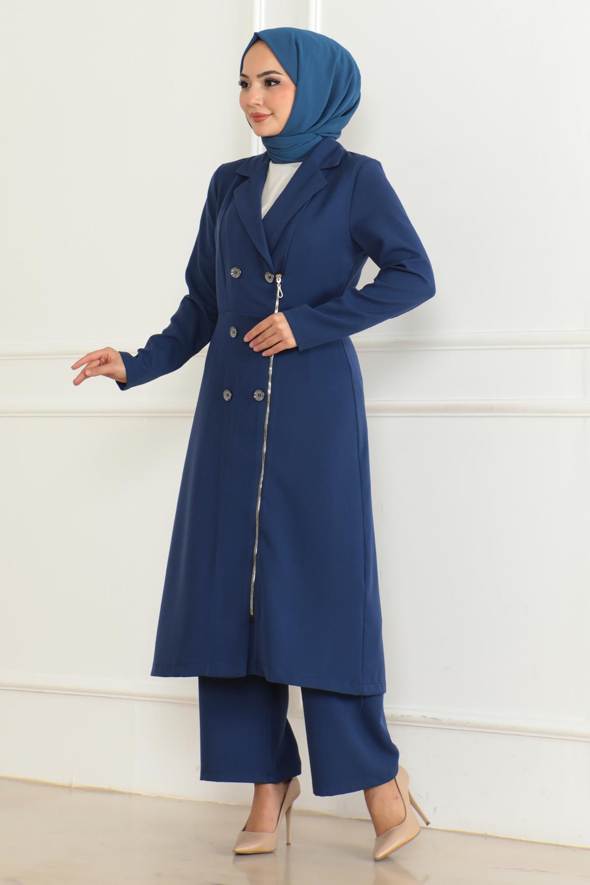 Düğme Detaylı Fermuarlı Takım İndigo İndigo MSW19219-2