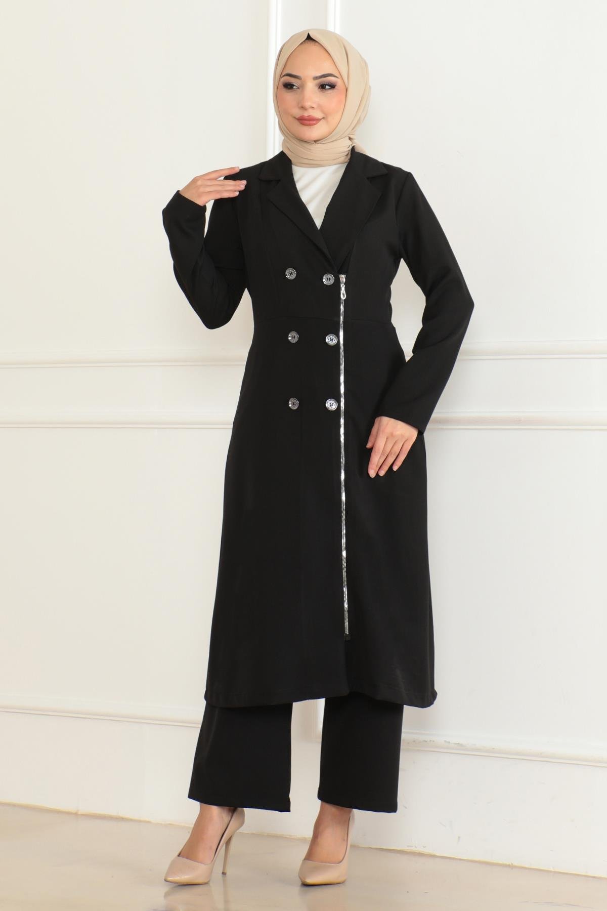 Düğme Detaylı Fermuarlı Takım Siyah Siyah MSW19219-1