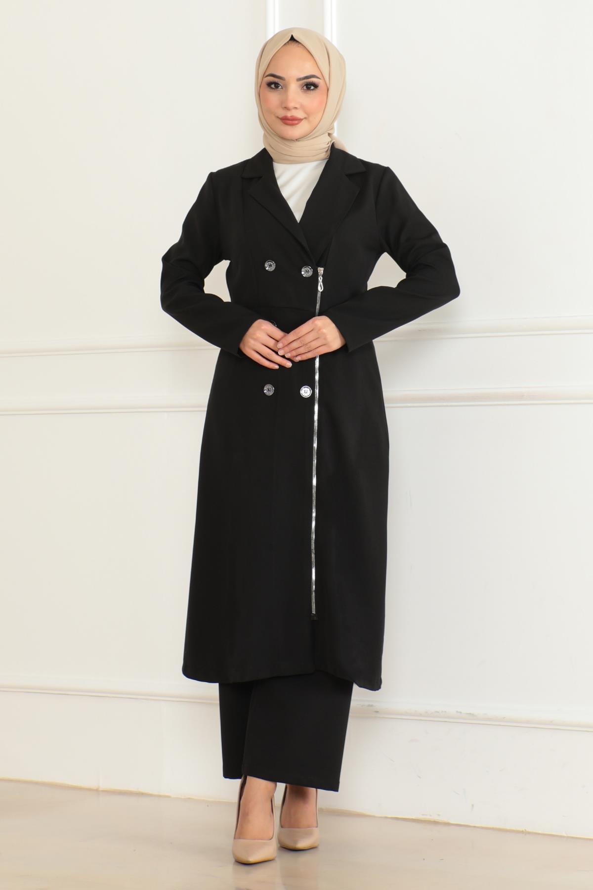 Düğme Detaylı Fermuarlı Takım Siyah Siyah MSW19219-1