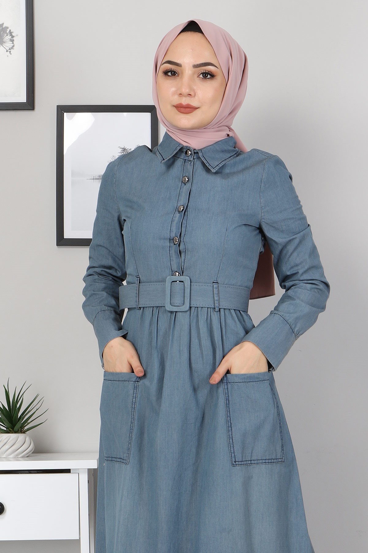 Düğme Detaylı Kot Elbise Açık Kot 8579