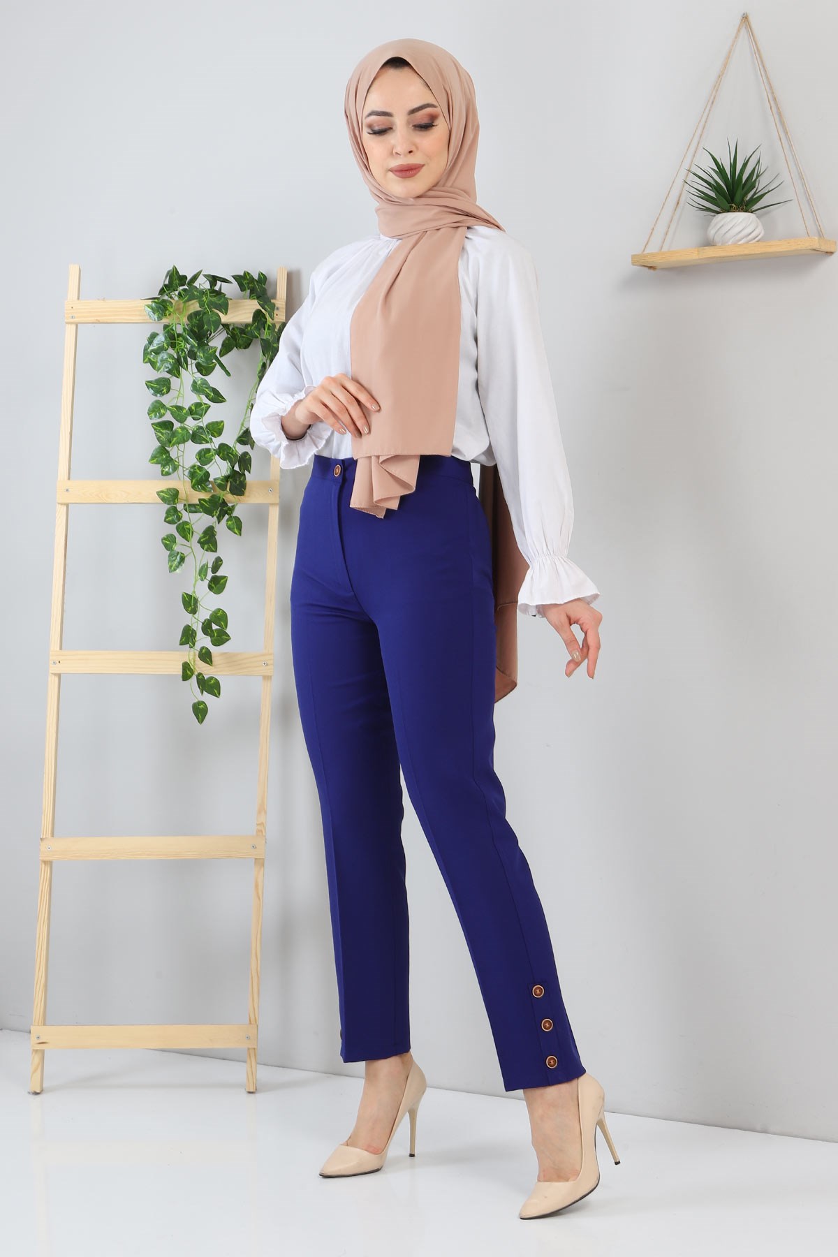 Düğme Detaylı Pantolon İndigo 10632
