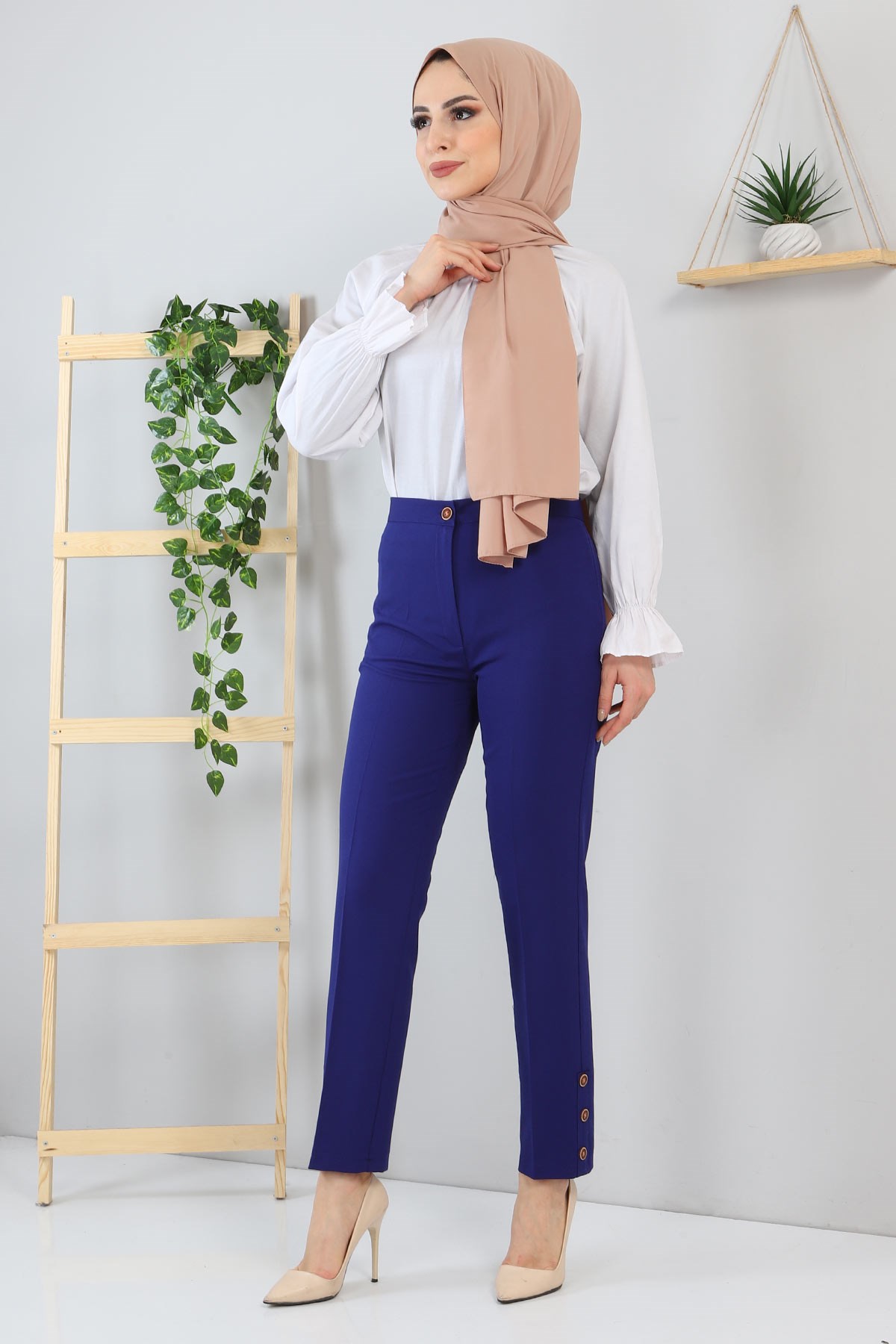 Düğme Detaylı Pantolon İndigo 10632