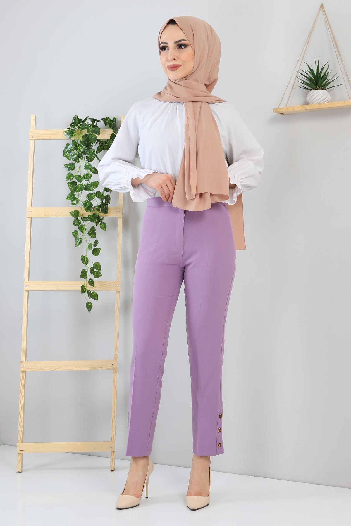 Düğme Detaylı Pantolon Lila 10632