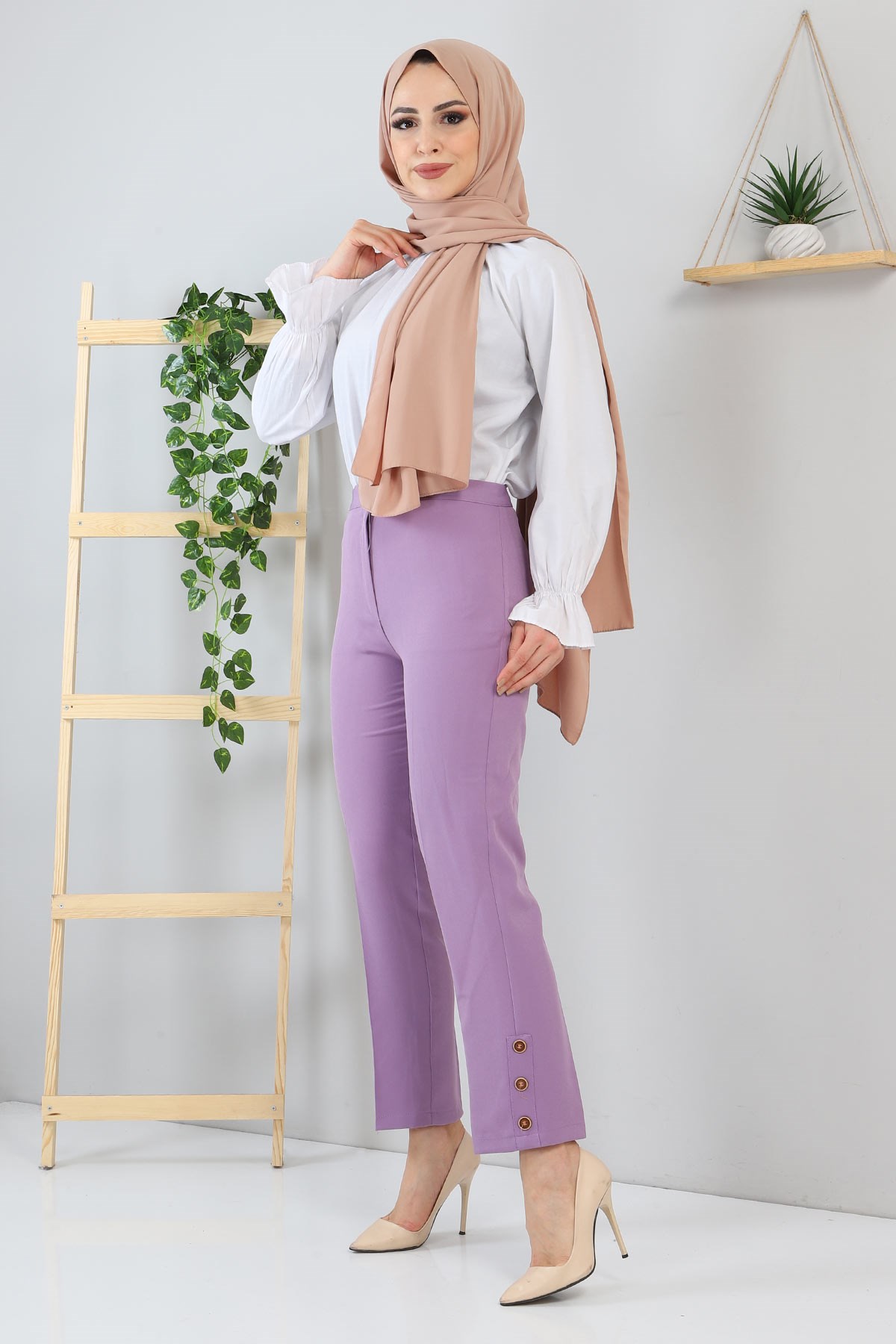 Düğme Detaylı Pantolon Lila 10632