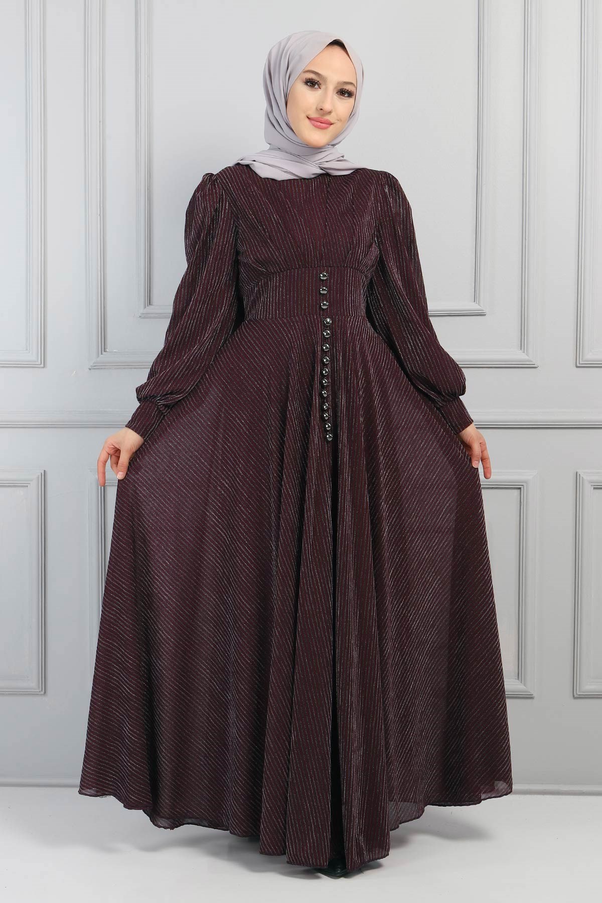 Düğme Detaylı Simli Abiye Mürdüm 13200