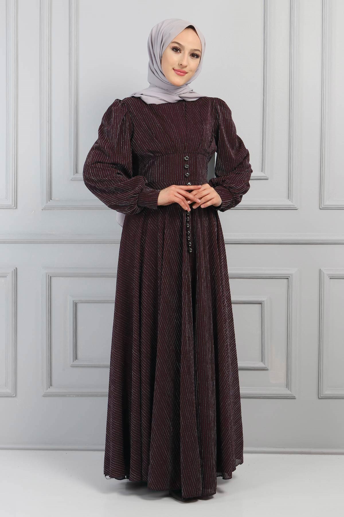 Düğme Detaylı Simli Abiye Mürdüm 13200