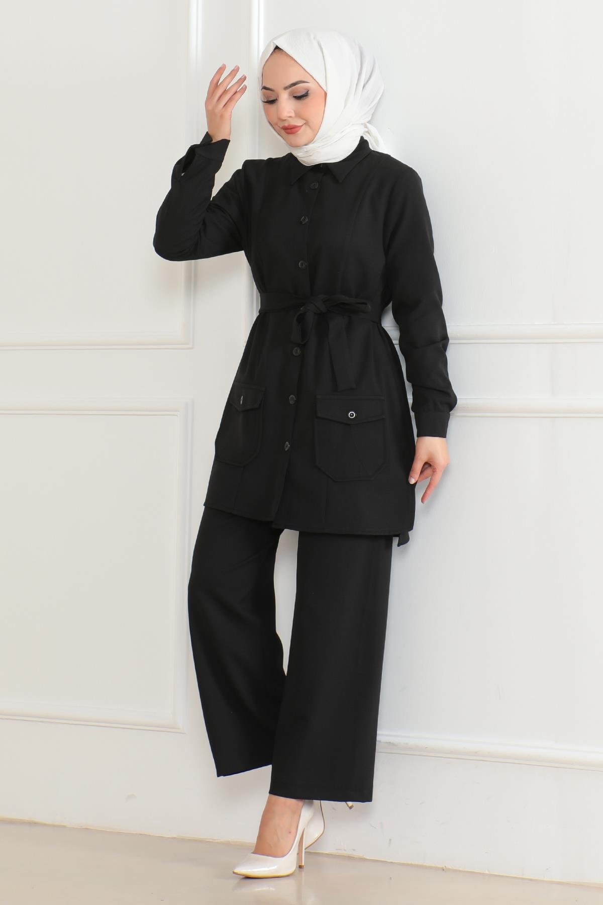 Düğme Detaylı Takım Siyah 19223
