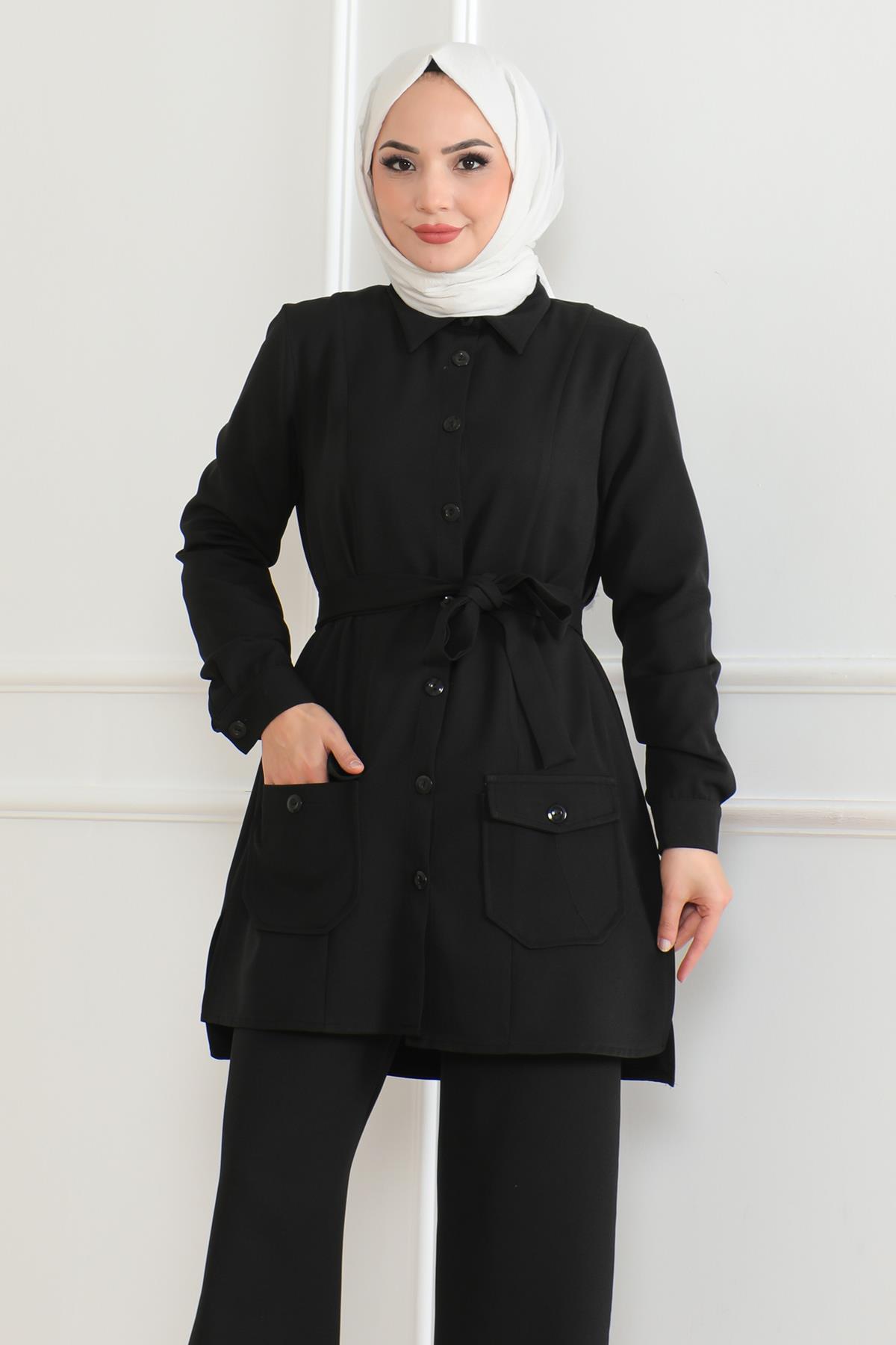Düğme Detaylı Takım Siyah 19223
