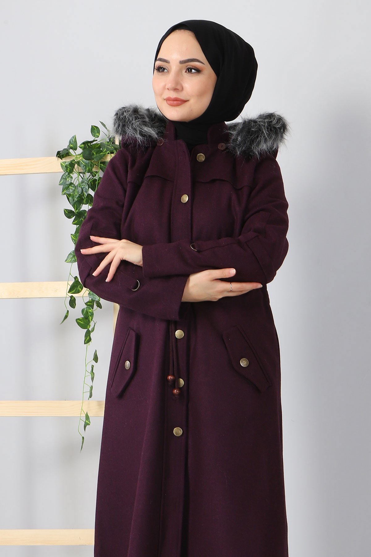 Düğmeli Bağcıklı Kaşe Kaban Mor 10305