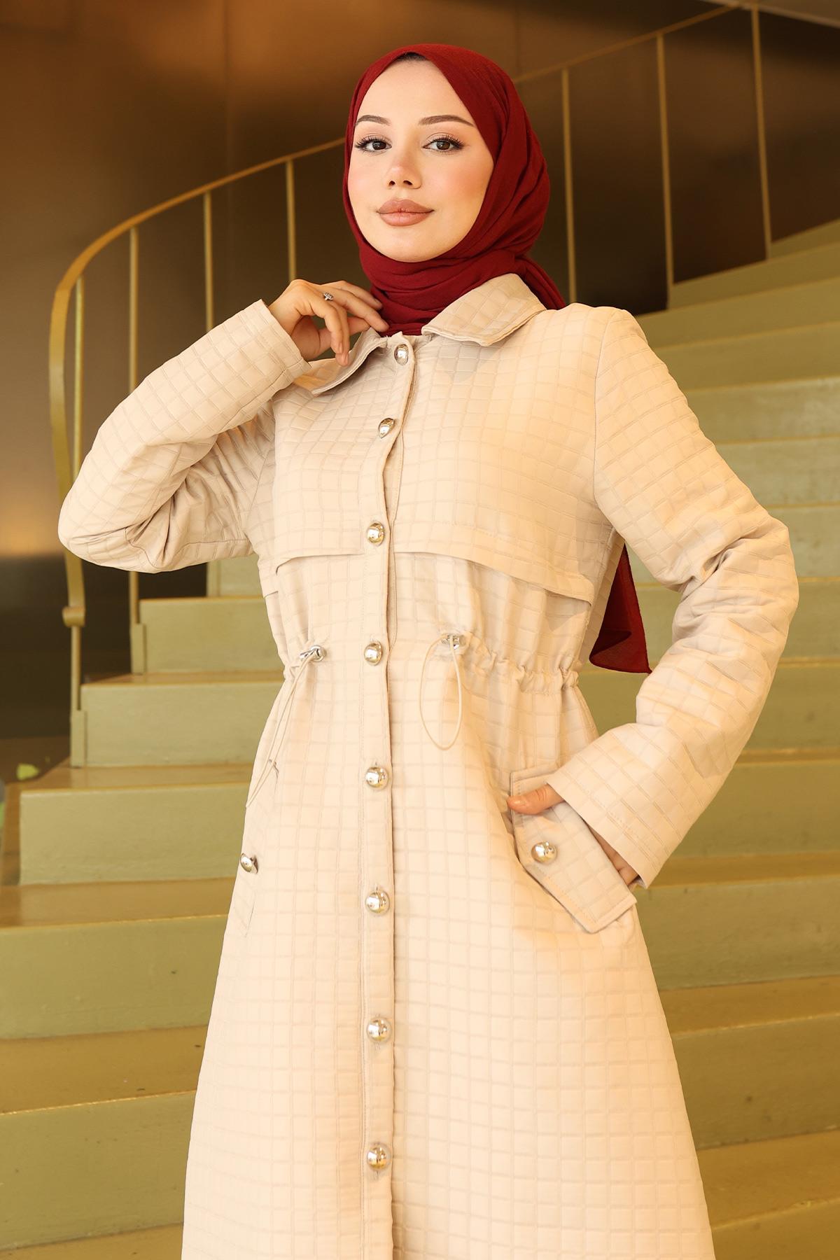 Düğmeli Beli Bağcıklı Kapitone Kap Bej 19289