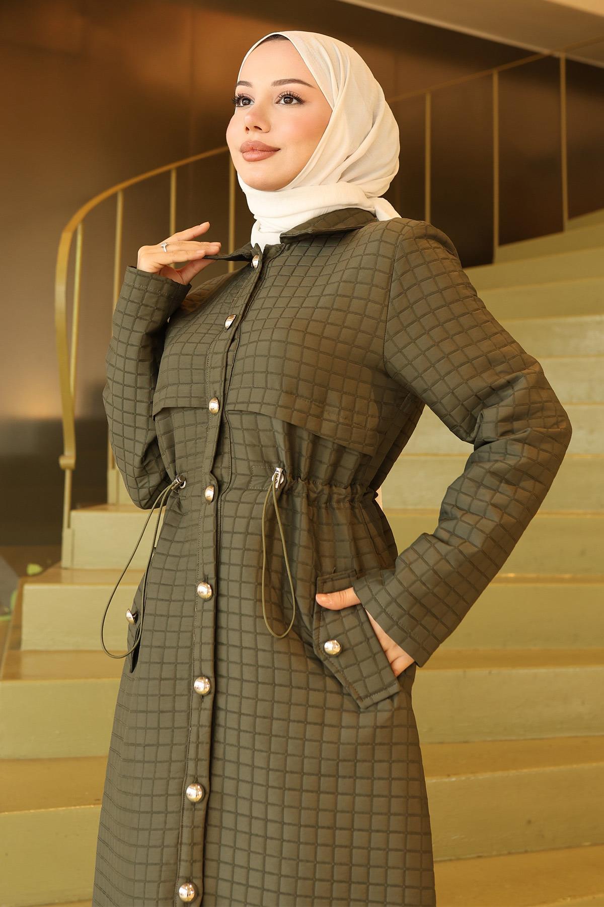 Düğmeli Beli Bağcıklı Kapitone Kap Haki 19289