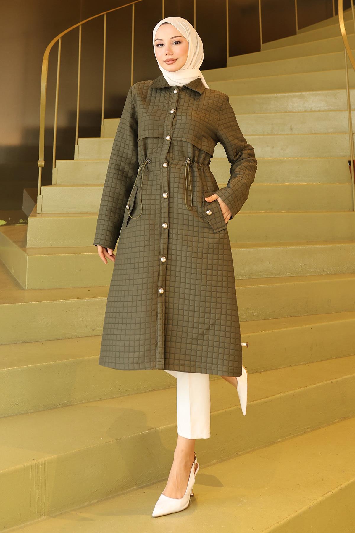 Düğmeli Beli Bağcıklı Kapitone Kap Haki 19289