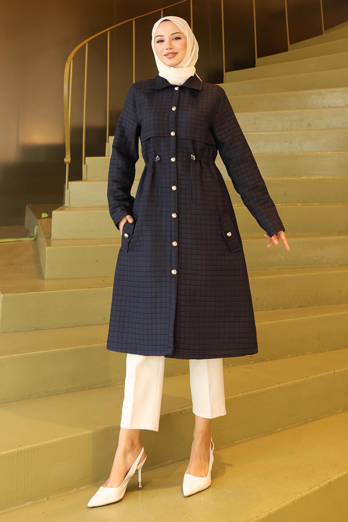 Düğmeli Beli Bağcıklı Kapitone Kap Lacivert 19289