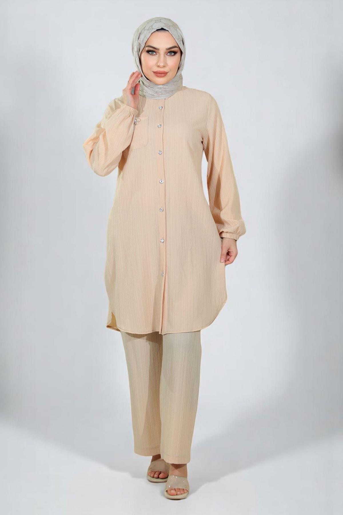 Düğmeli Broş Detaylı Takım Bej 19178