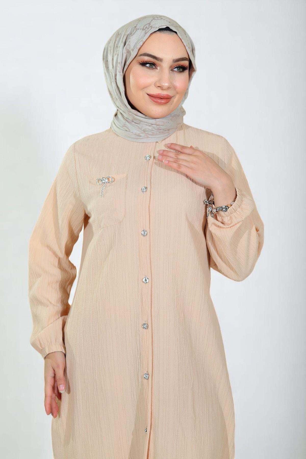 Düğmeli Broş Detaylı Takım Bej 19178