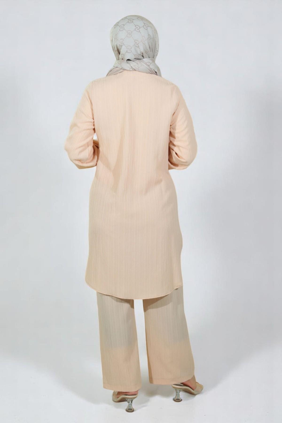 Düğmeli Broş Detaylı Takım Bej 19178