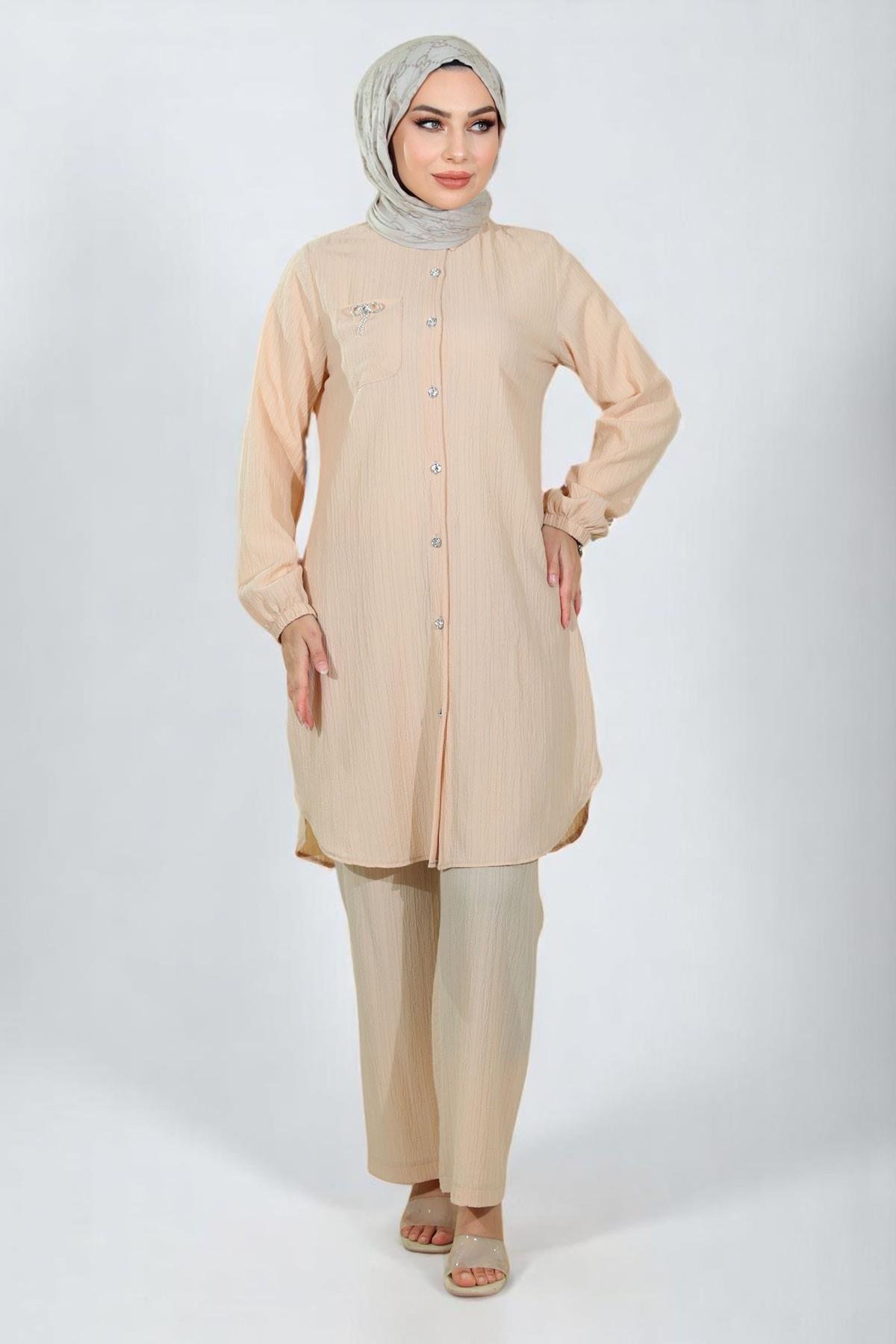 Düğmeli Broş Detaylı Takım Bej 19178