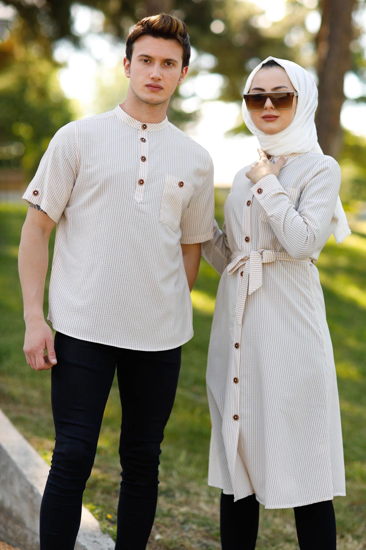 Düğmeli Çizgili Tunik Bej 10792