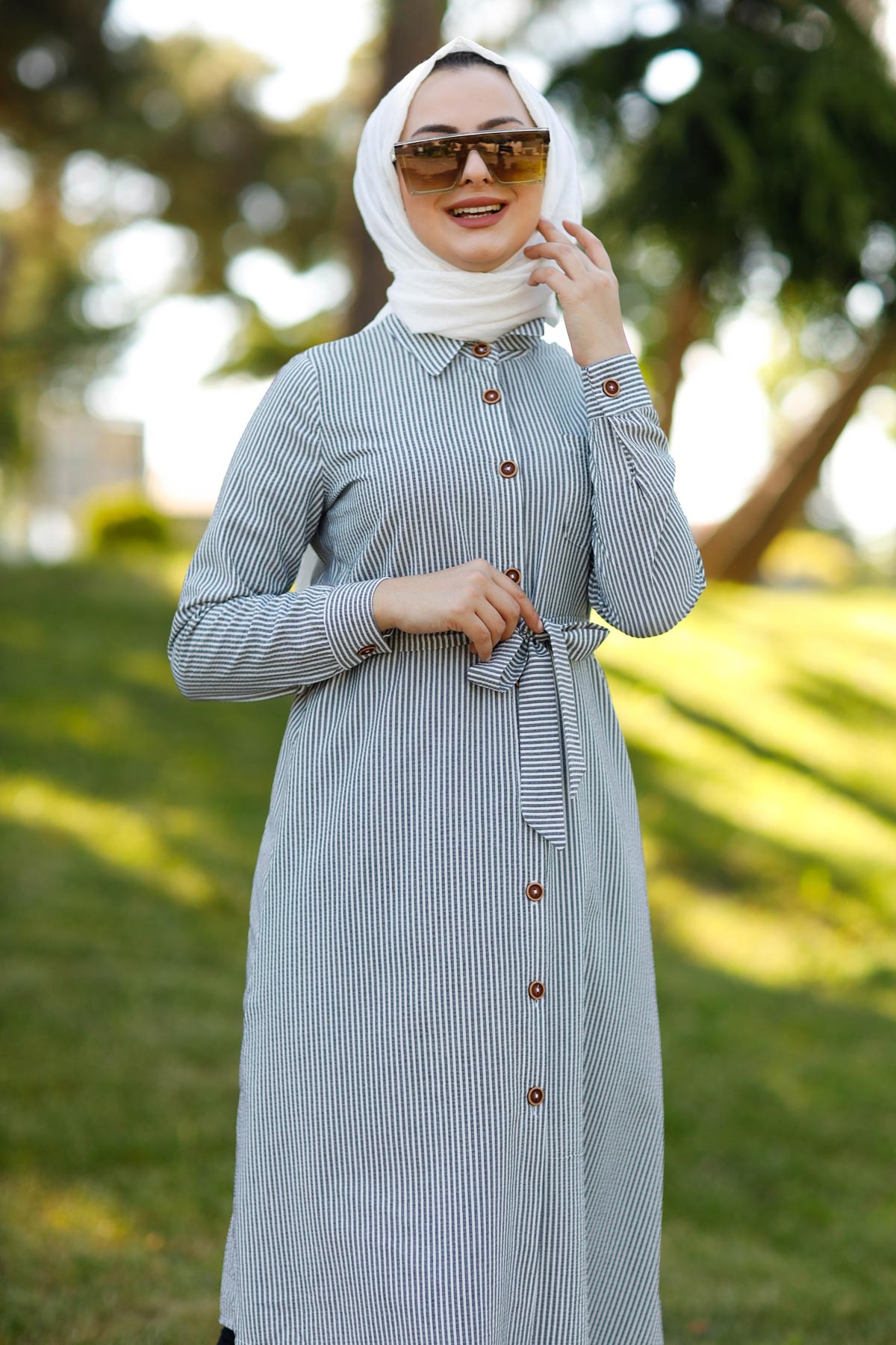 Düğmeli Çizgili Tunik Gri 10792