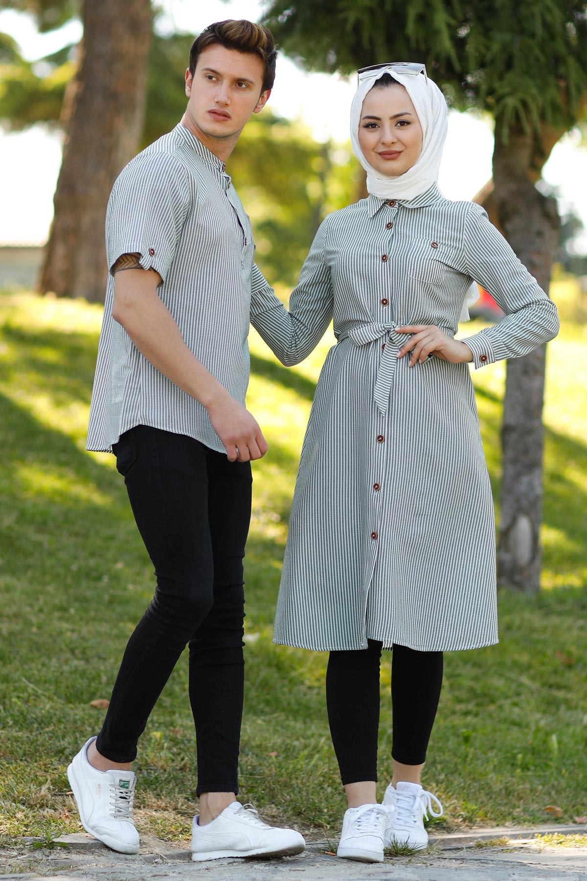 Düğmeli Çizgili Tunik Haki 10792