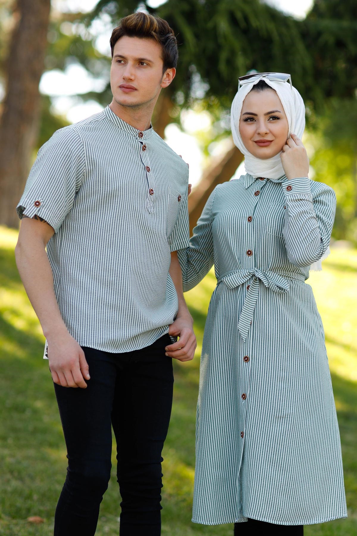 Düğmeli Çizgili Tunik Haki 10792