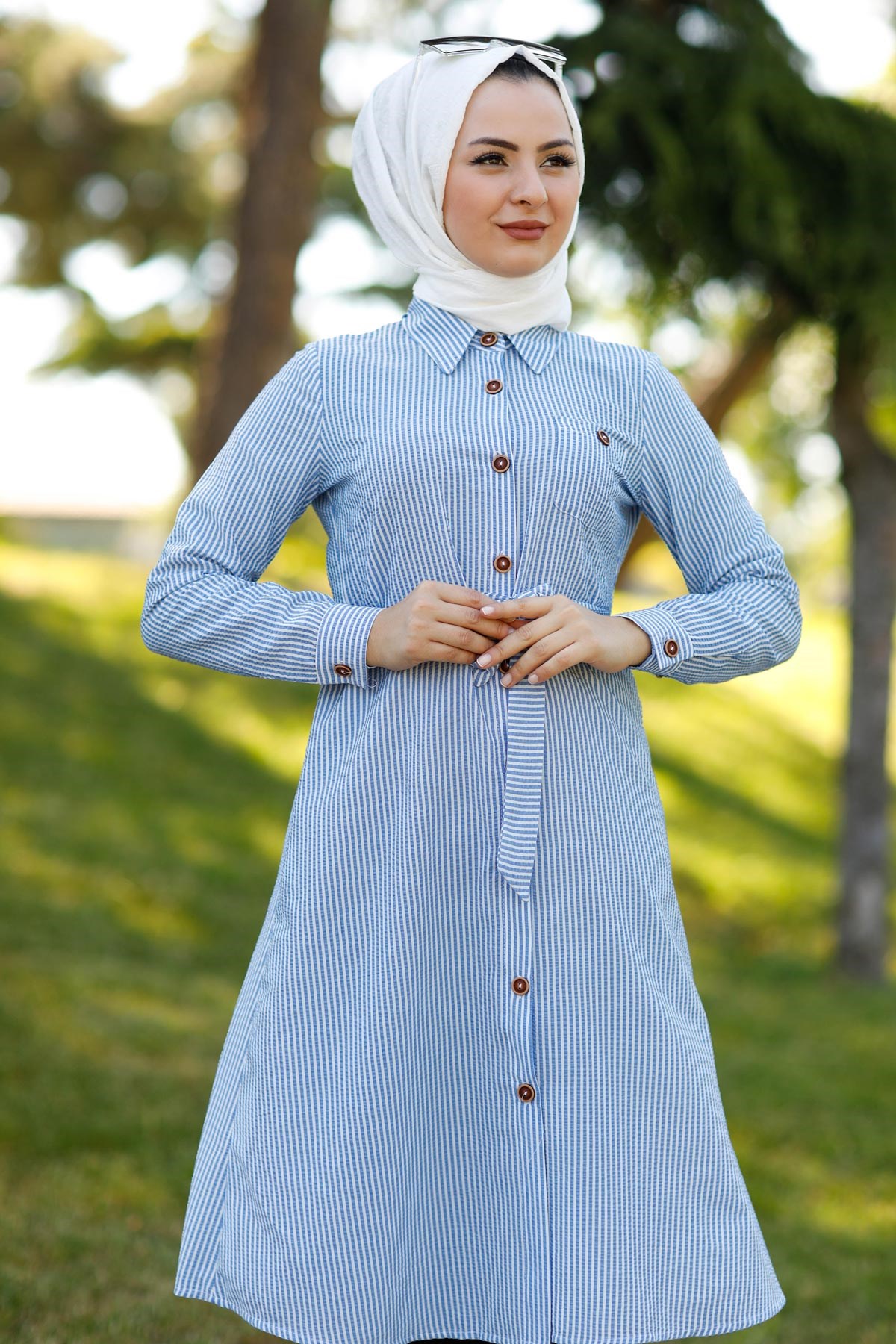 Düğmeli Çizgili Tunik Mavi 10792